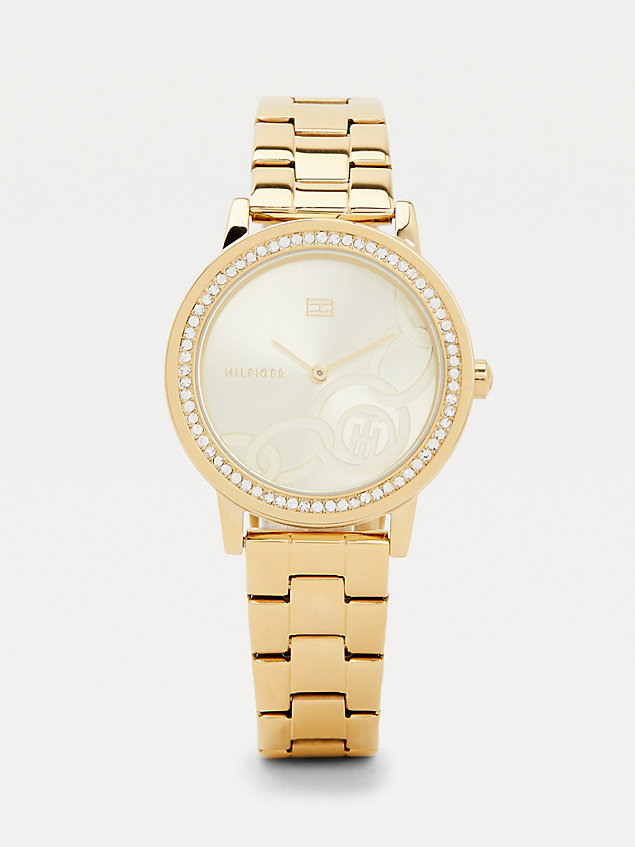 gold gold-plated crystal bezel watch for women tommy hilfiger