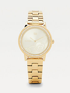 gold vergoldete armbanduhr mit kristall-lünette für damen - tommy hilfiger
