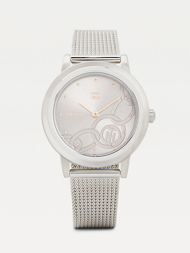silver roestvrijstalen horloge met gegraveerd detail voor dames - tommy hilfiger
