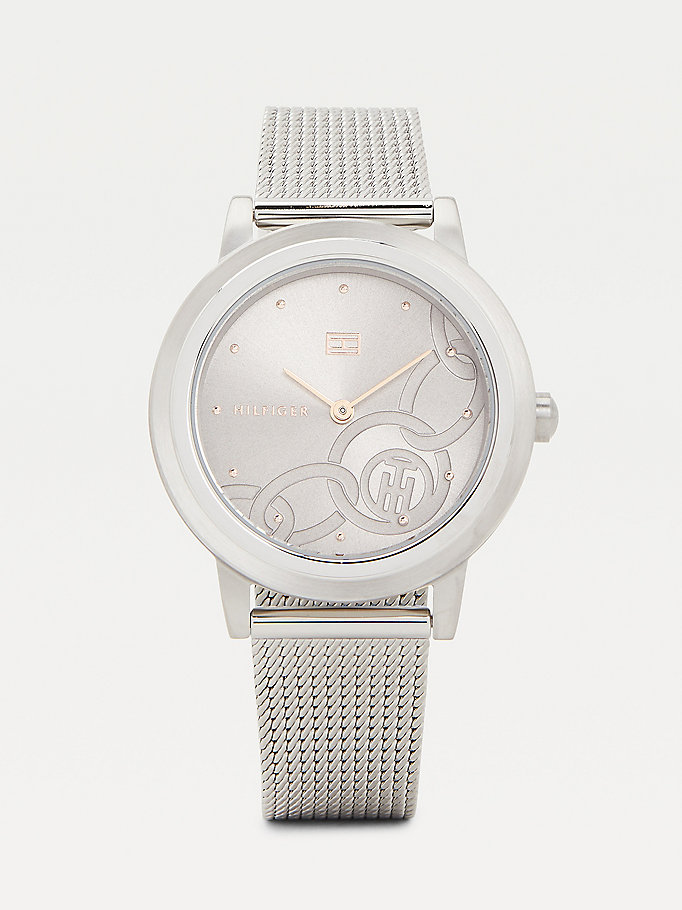 silver link detail stainless steel mesh watch for women tommy hilfiger