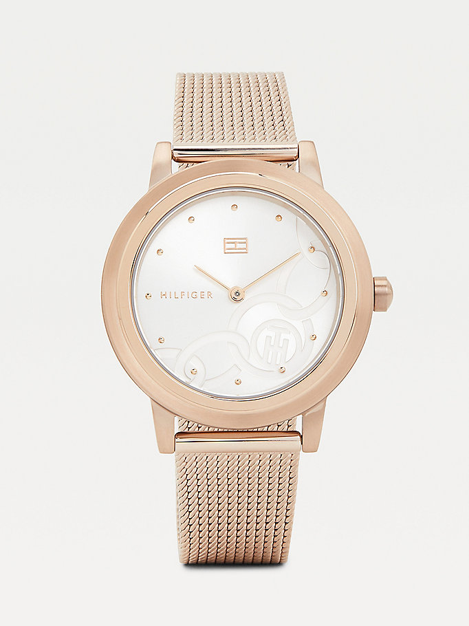 pink rose gold-plated mesh strap watch for women tommy hilfiger