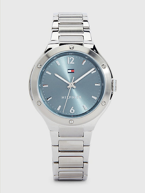 silver stainless steel blue dial watch for women tommy hilfiger