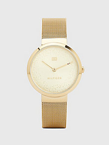złoty pozłacany zegarek z błyszczącymi detalami dla kobiety - tommy hilfiger