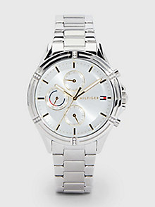 silver etched bezel crystal-embellished stainless steel watch for women tommy hilfiger