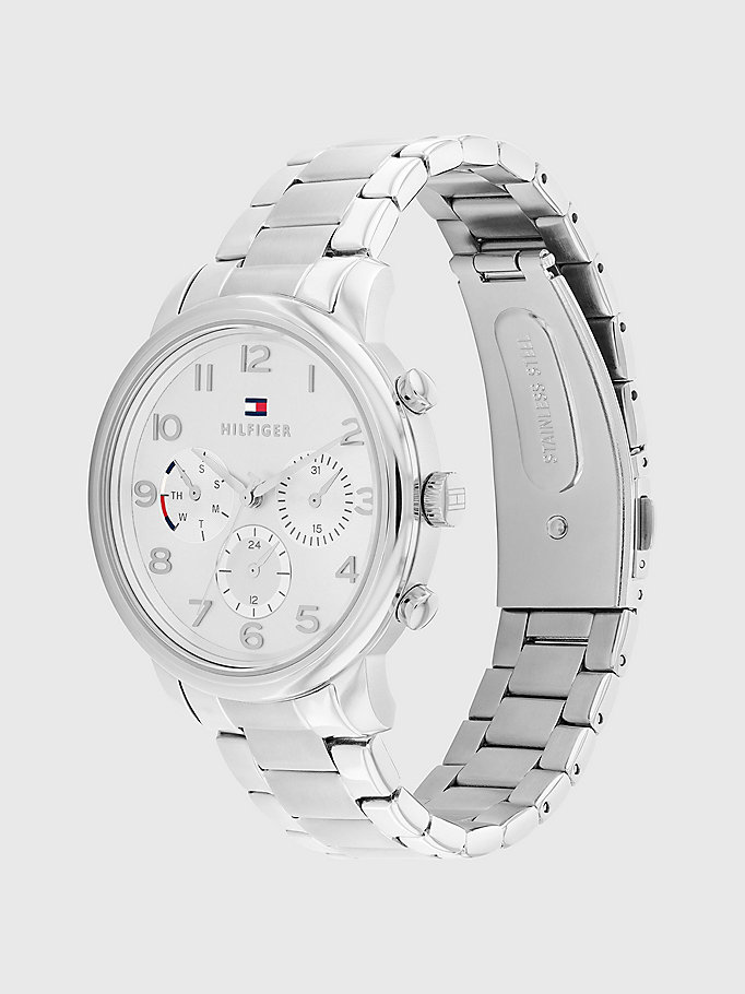 silver stainless steel chain-link strap watch for women tommy hilfiger