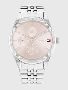 silver edelstahl-armbanduhr mit totalisatoren für damen - tommy hilfiger