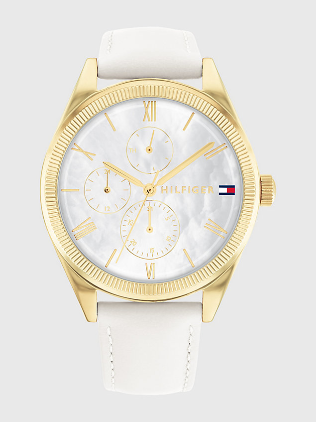 gold white leather strap sub-counter watch for women tommy hilfiger