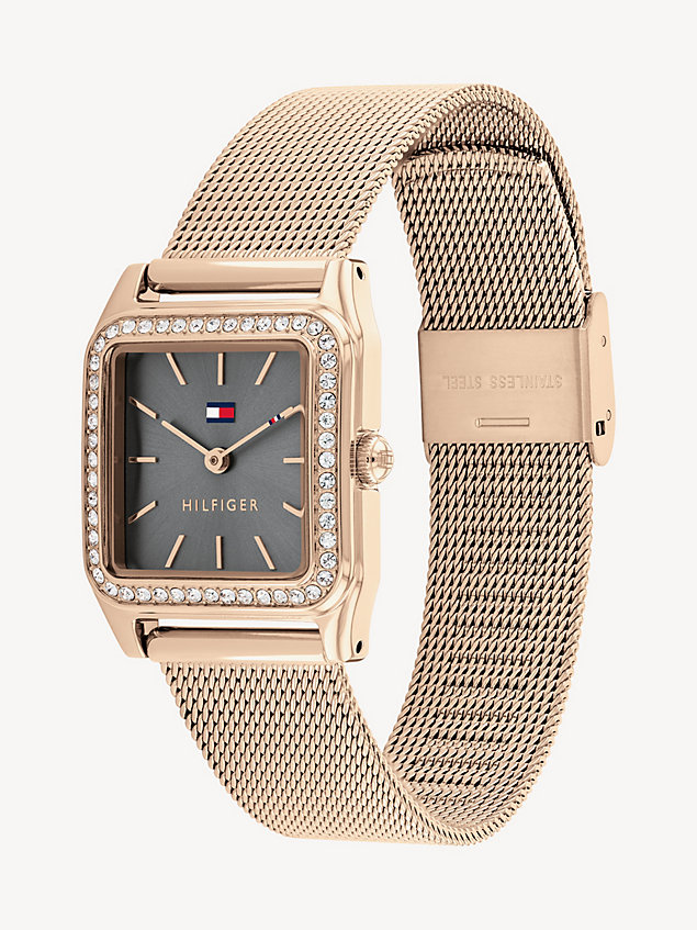 gold carnation gold-plated square mesh bracelet watch for women tommy hilfiger