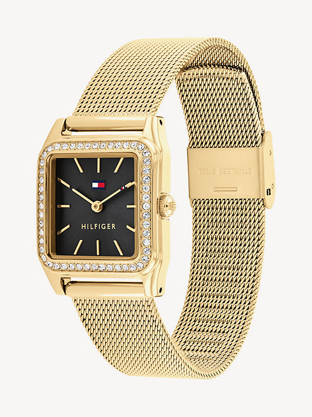 gold verguld vierkant horloge met mesh band voor dames - tommy hilfiger