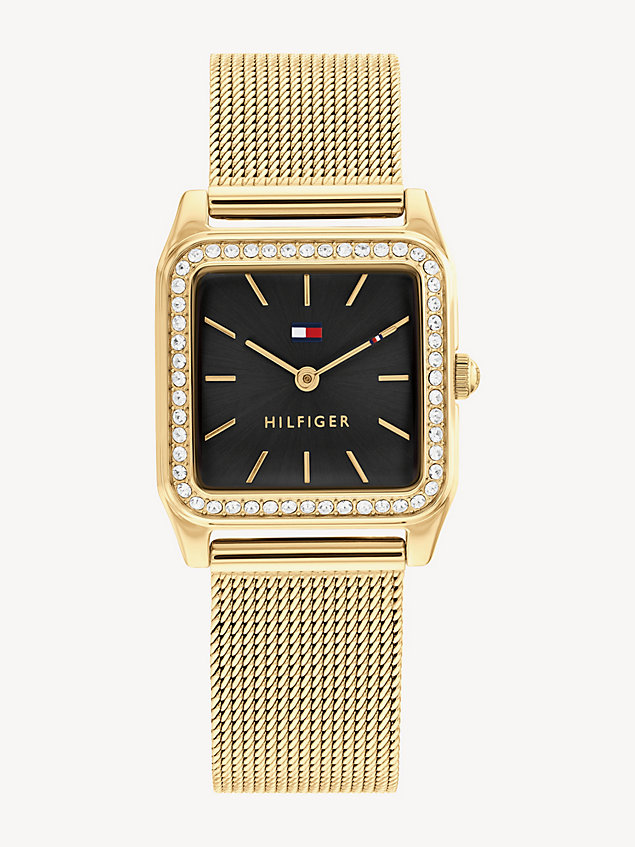 gold verguld vierkant horloge met mesh band voor dames - tommy hilfiger