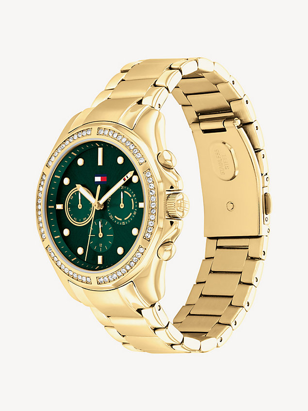 gold gold-plated green dial crystal-embellished watch for women tommy hilfiger