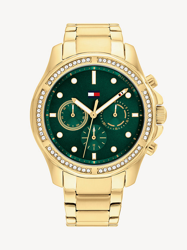 gold verguld groen horloge met kristallen voor dames - tommy hilfiger