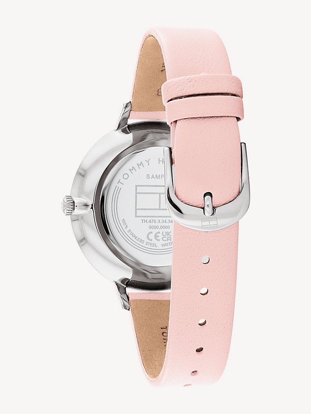silver pink leather strap stainless steel watch for women tommy hilfiger