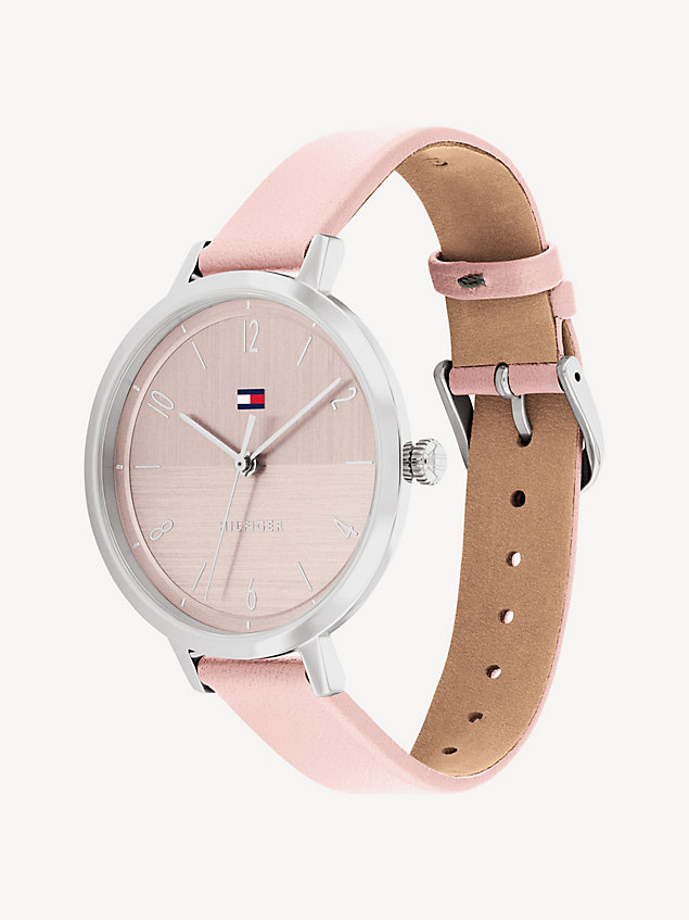 silver pink leather strap stainless steel watch for women tommy hilfiger
