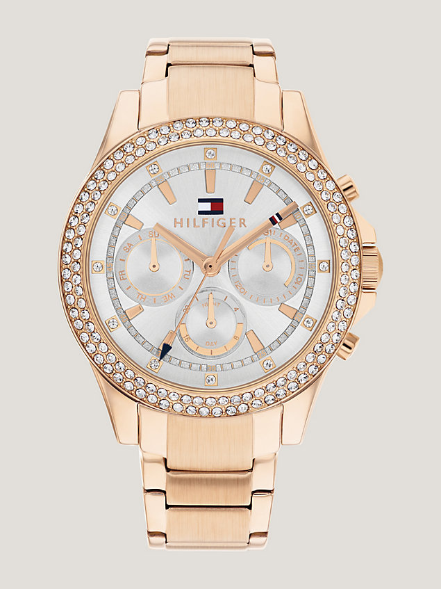 gold rose gold crystal dial watch for women tommy hilfiger