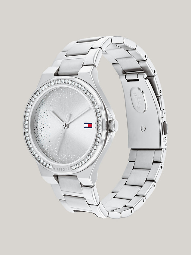 silver crystal embellished stainless steel bracelet watch for women tommy hilfiger