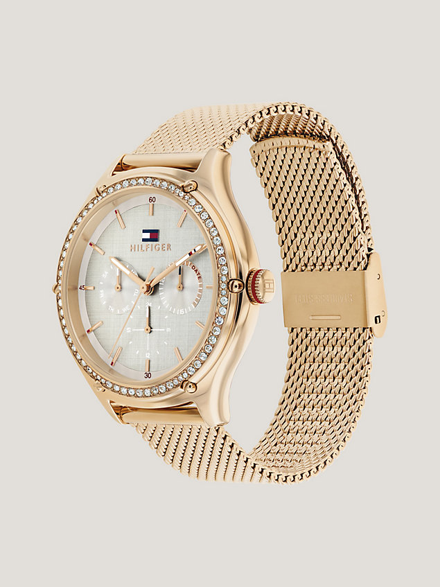 gold rose gold crystal dial watch for women tommy hilfiger