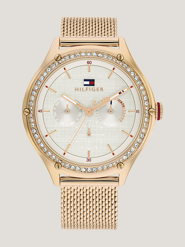 gold horloge van roségoud met kristallen voor dames - tommy hilfiger
