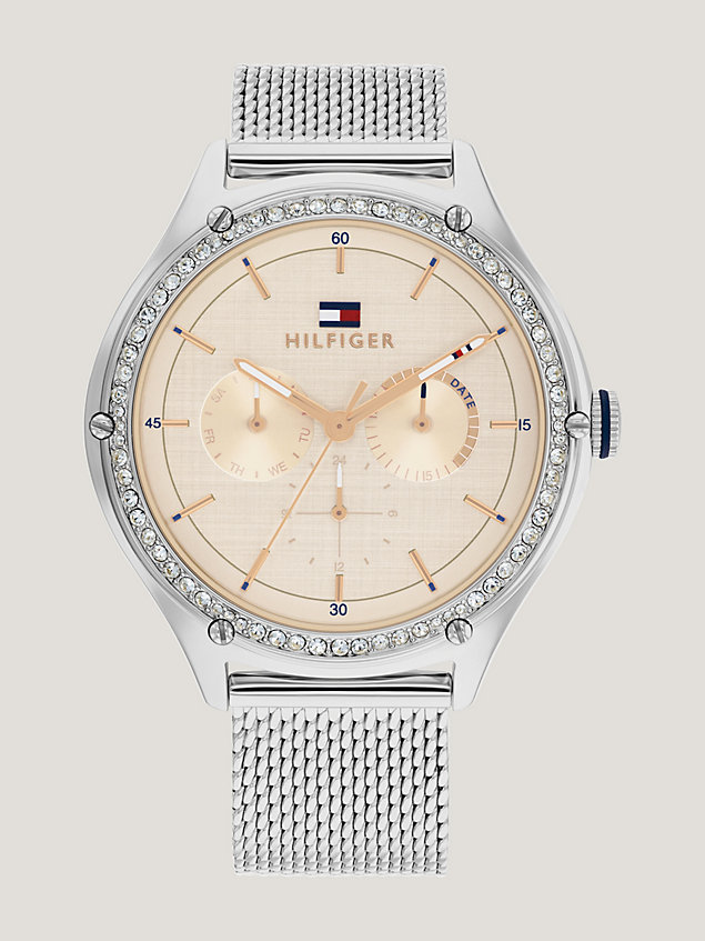 silver zegarek z lunetą ozdobioną kryształkami dla kobiety - tommy hilfiger