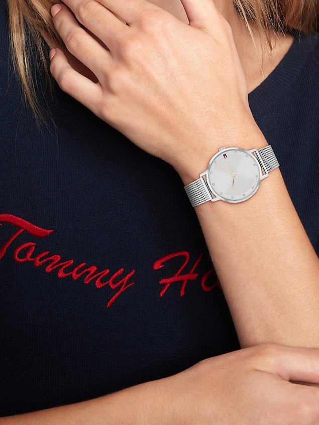 silver stainless steel mesh bracelet watch for women tommy hilfiger