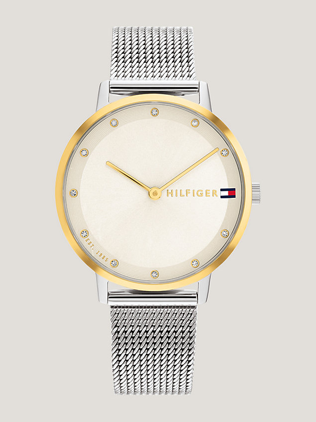 multi pozłacany zegarek z siateczkową bransoletą dla kobiety - tommy hilfiger