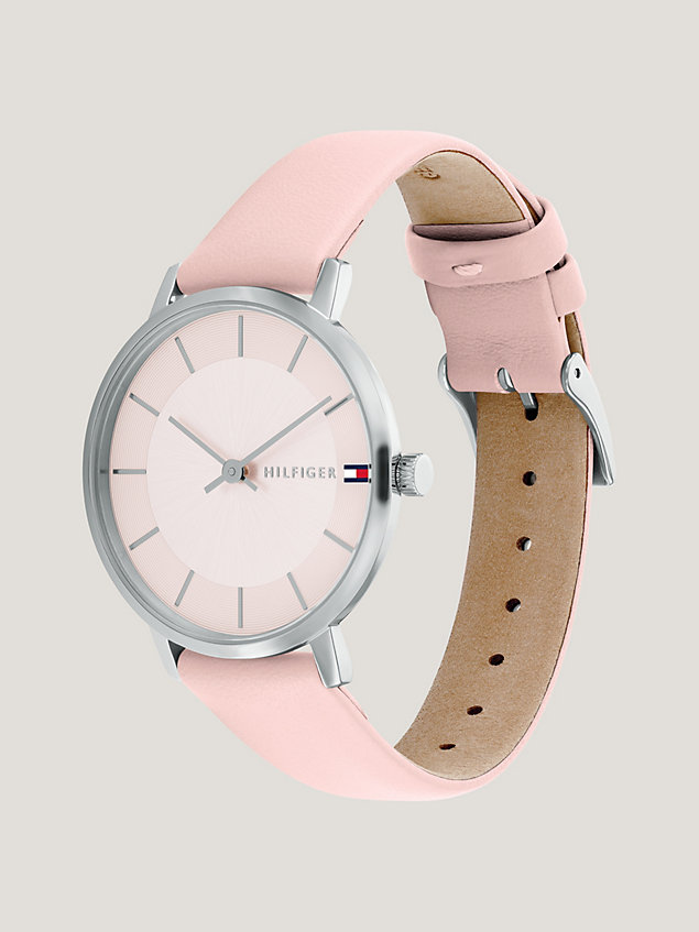 silver blush leather strap stainless steel watch for women tommy hilfiger