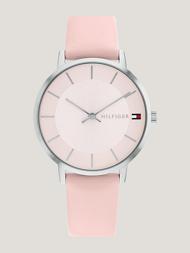silver blush leather strap stainless steel watch for women tommy hilfiger