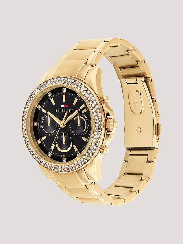 reloj de acero con esfera negra y cristales gold de mujer tommy hilfiger