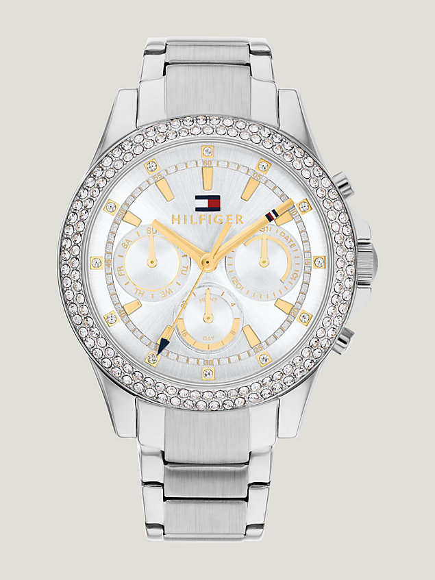 silver stainless steel silver white dial crystal-embellished watch for women tommy hilfiger