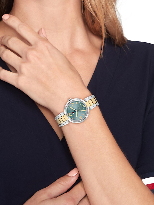 multi two-tone ice blue dial bracelet watch for women tommy hilfiger
