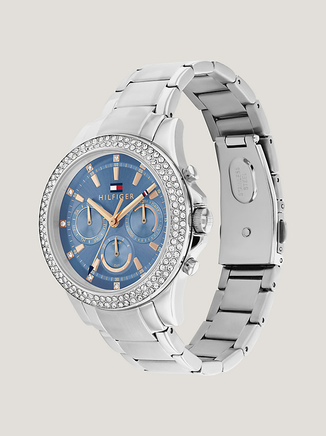silver roestvrijstalen horloge met kristallen en blauwe wijzerplaat voor dames - tommy hilfiger