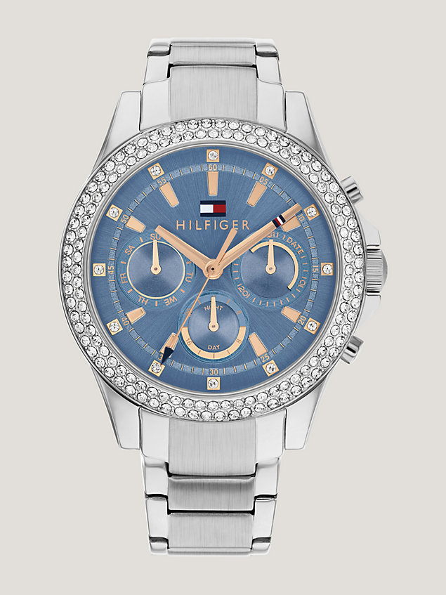 silver roestvrijstalen horloge met kristallen en blauwe wijzerplaat voor dames - tommy hilfiger