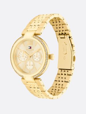 gold crystal bezel ionic gold-plated bracelet watch for women tommy hilfiger