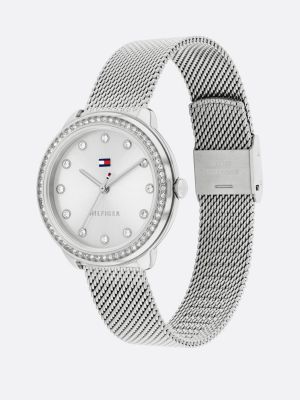 orologio con cinturino a rete e cristalli argento da donne tommy hilfiger