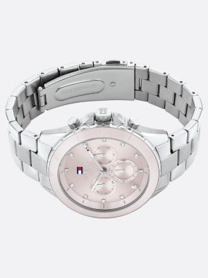 silver edelstahl-uhr mit rosafarbenem zifferblatt für damen - tommy hilfiger