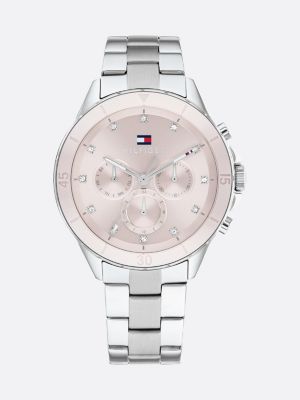 silver roestvrijstalen horloge met roze wijzerplaat voor dames - tommy hilfiger