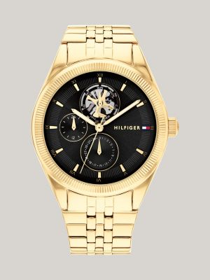 gold verguld horloge met zwarte wijzerplaat voor dames - tommy hilfiger