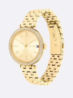 gold gold-plated crystal-embellished bracelet watch for women tommy hilfiger