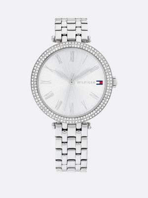 silver silver-tone dial stainless steel crystal-embellished watch for women tommy hilfiger