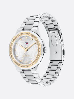 silver kristallverzierte armbanduhr aus edelstahl für damen - tommy hilfiger