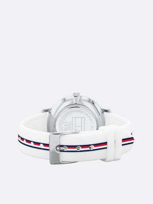 silver edelstahluhr mit weißem silikonarmband für damen - tommy hilfiger