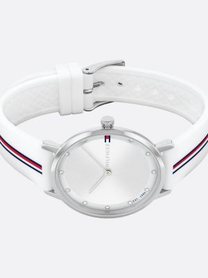 silver edelstahluhr mit weißem silikonarmband für damen - tommy hilfiger