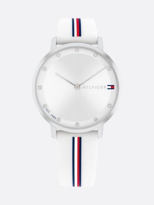 silver roestvrijstalen horloge met witte siliconen band voor dames - tommy hilfiger