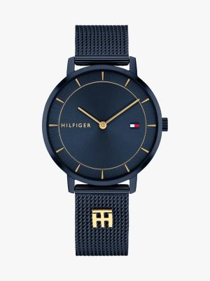 montre en acier inoxydable à bracelet en maille bleu pour femmes tommy hilfiger