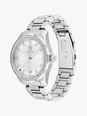 montre en acier inoxydable sertie de cristaux argent pour femmes tommy hilfiger