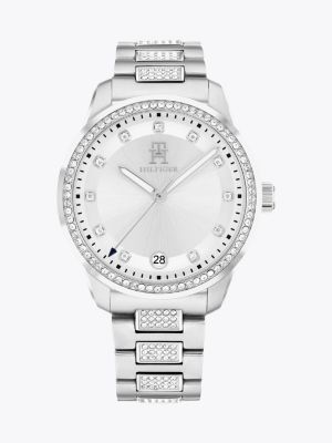 montre en acier inoxydable sertie de cristaux argent pour femmes tommy hilfiger