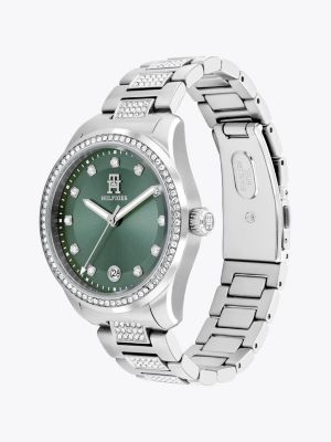 orologio con cristalli e quadrante verde argento da donne tommy hilfiger