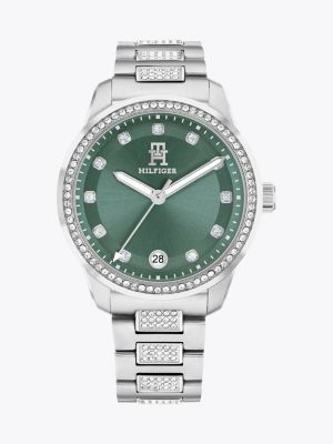 orologio con cristalli e quadrante verde silver da donne tommy hilfiger