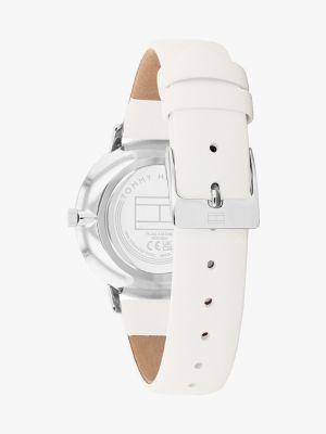 white silver-white dial leather strap watch for women tommy hilfiger