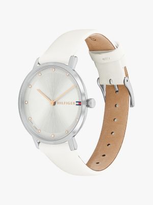 white silver-white dial leather strap watch for women tommy hilfiger